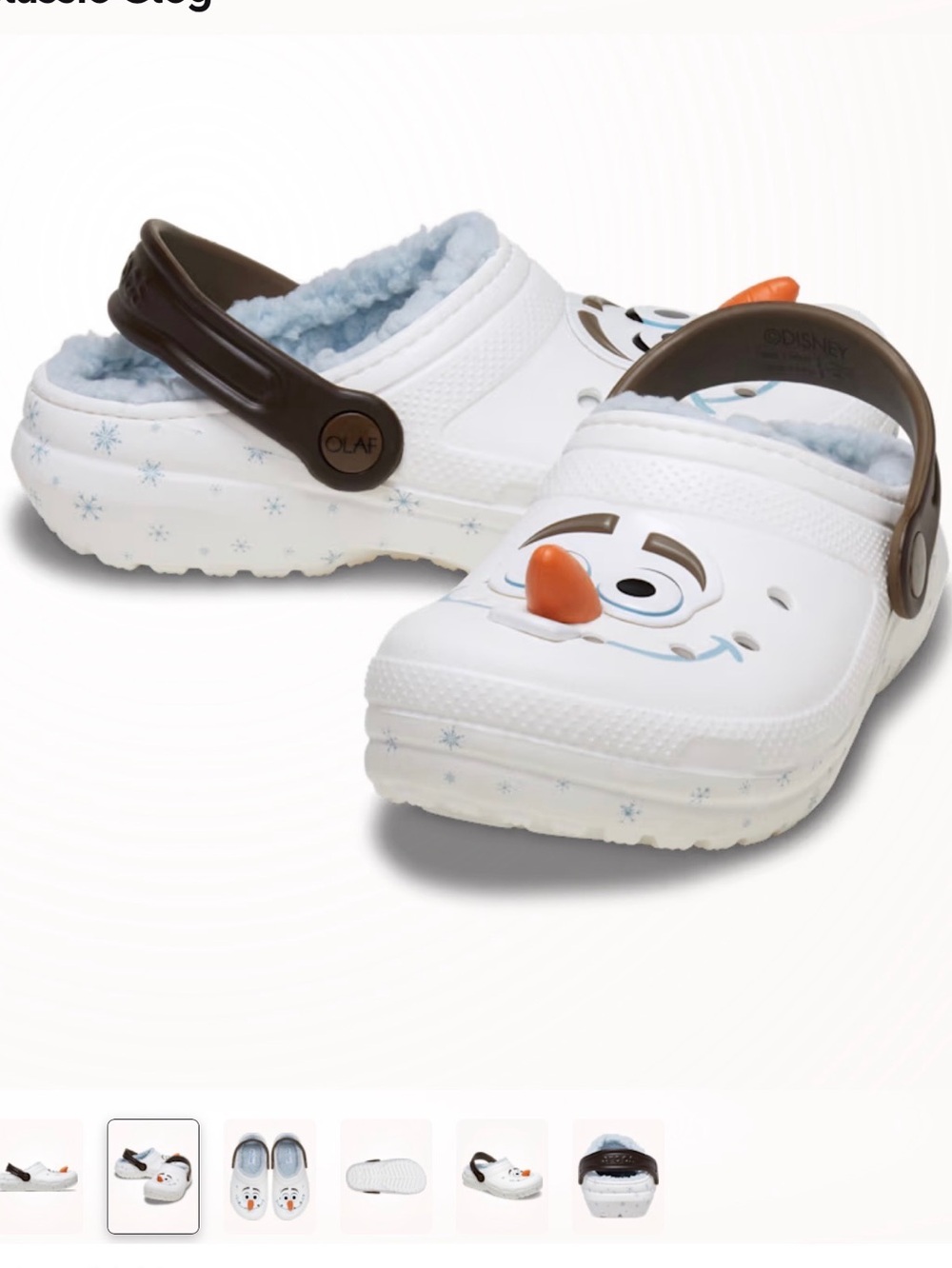 CROCS Kids Olaf Plush-Lined Clogs in White with Brown Strap and Orange Accent